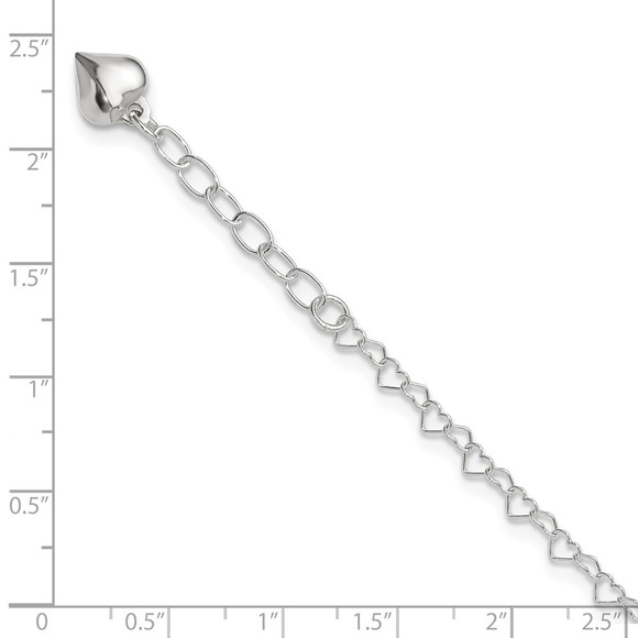 925 Sterling Silver Polished Puffed Heart Charm 9" + 1" ext. Fine Jewelry Anklet - Picture 4 of 7